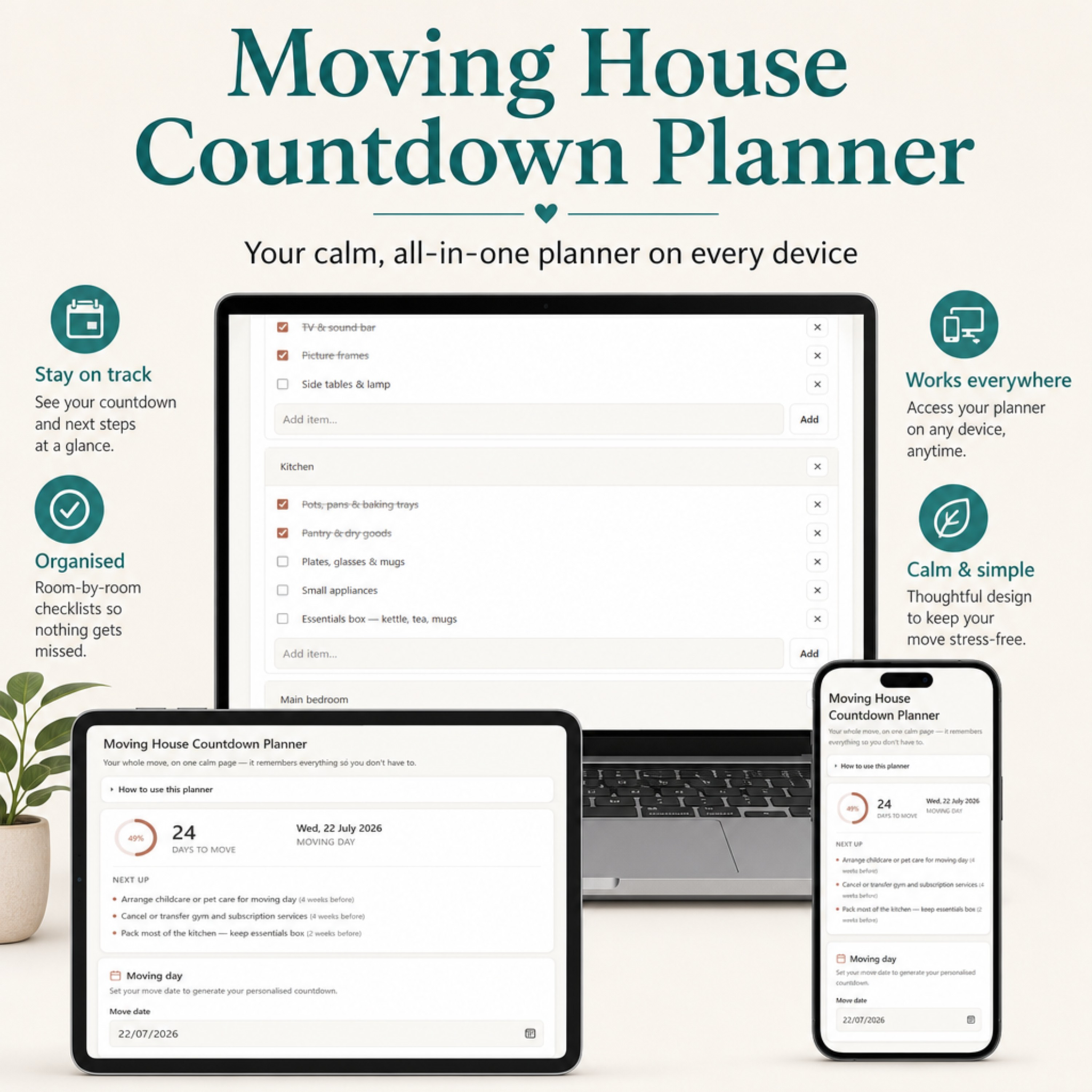 Moving House Countdown Planner | Interactive Digital Moving Checklist & Budget