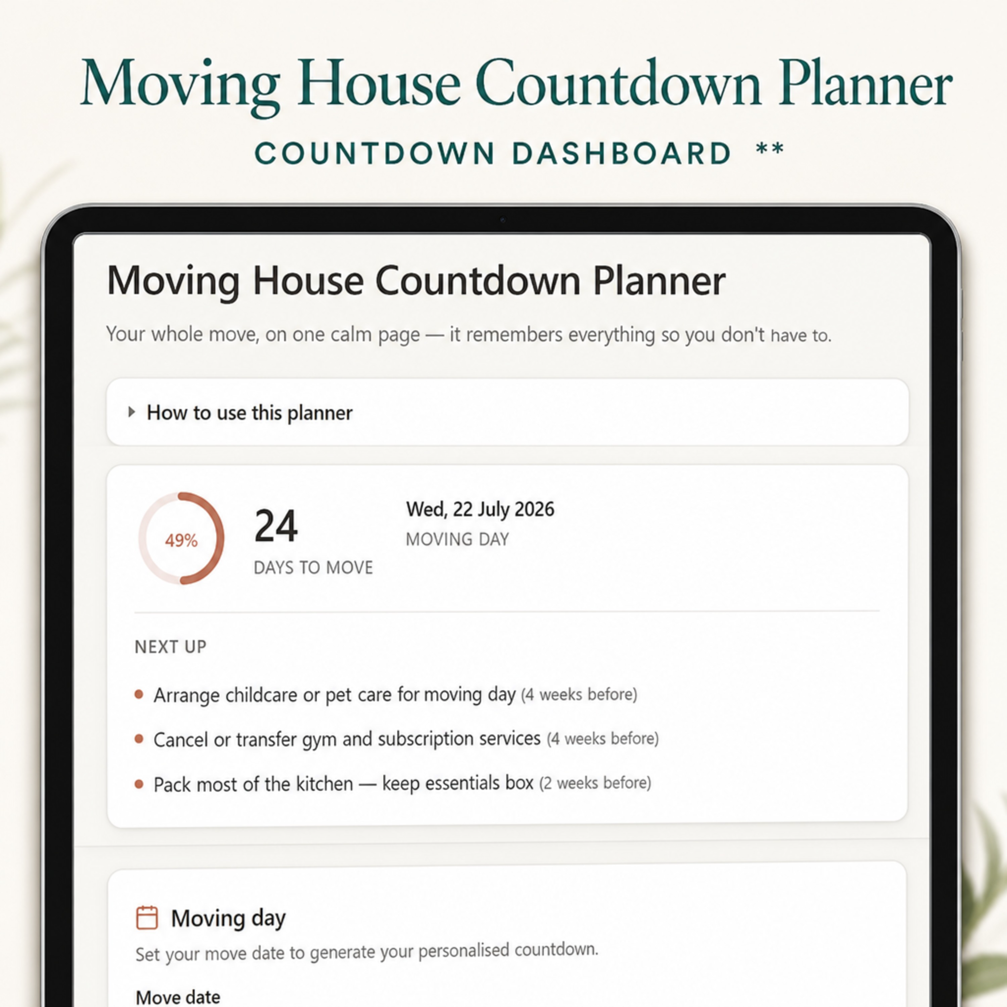 Moving House Countdown Planner | Interactive Digital Moving Checklist & Budget