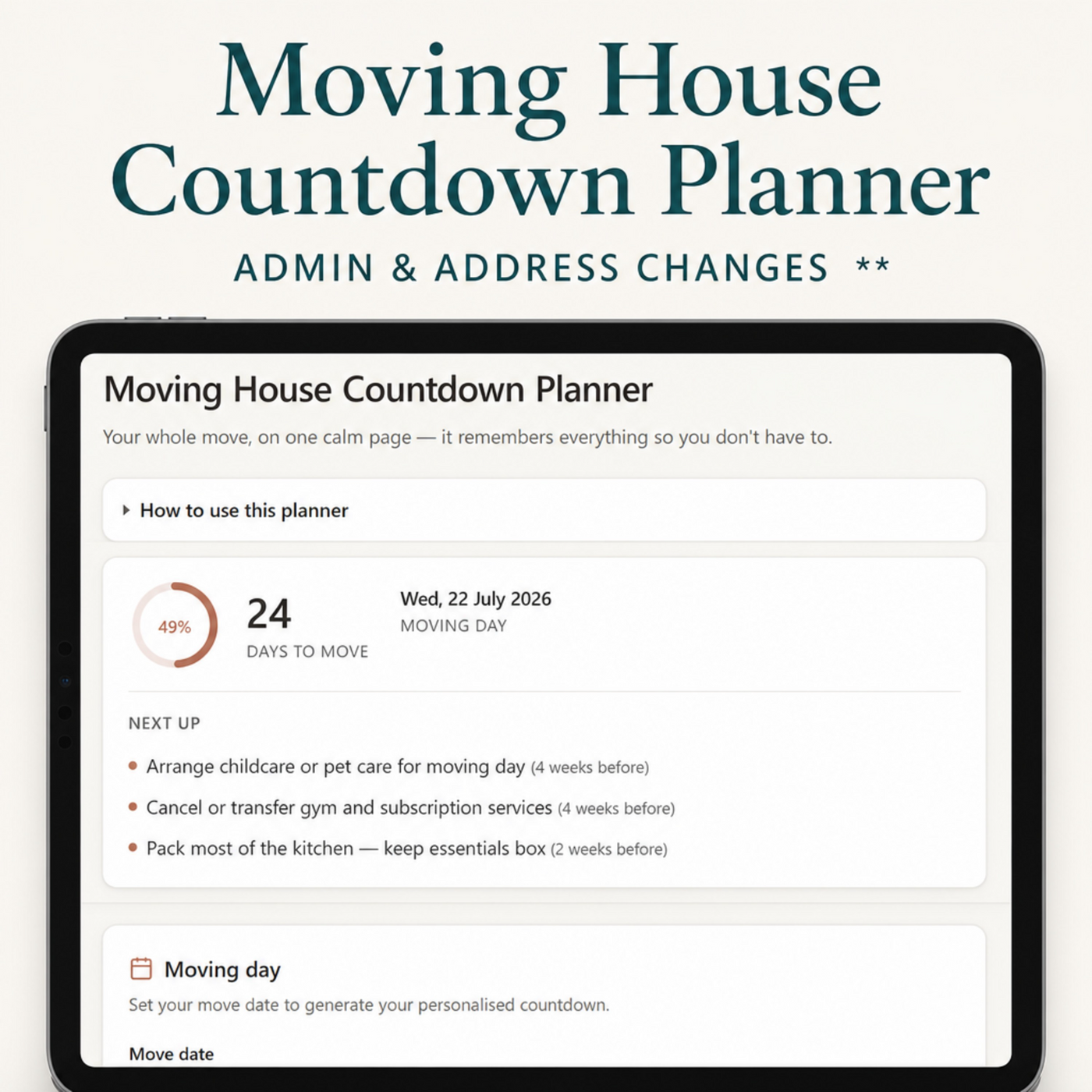 Moving House Countdown Planner | Interactive Digital Moving Checklist & Budget