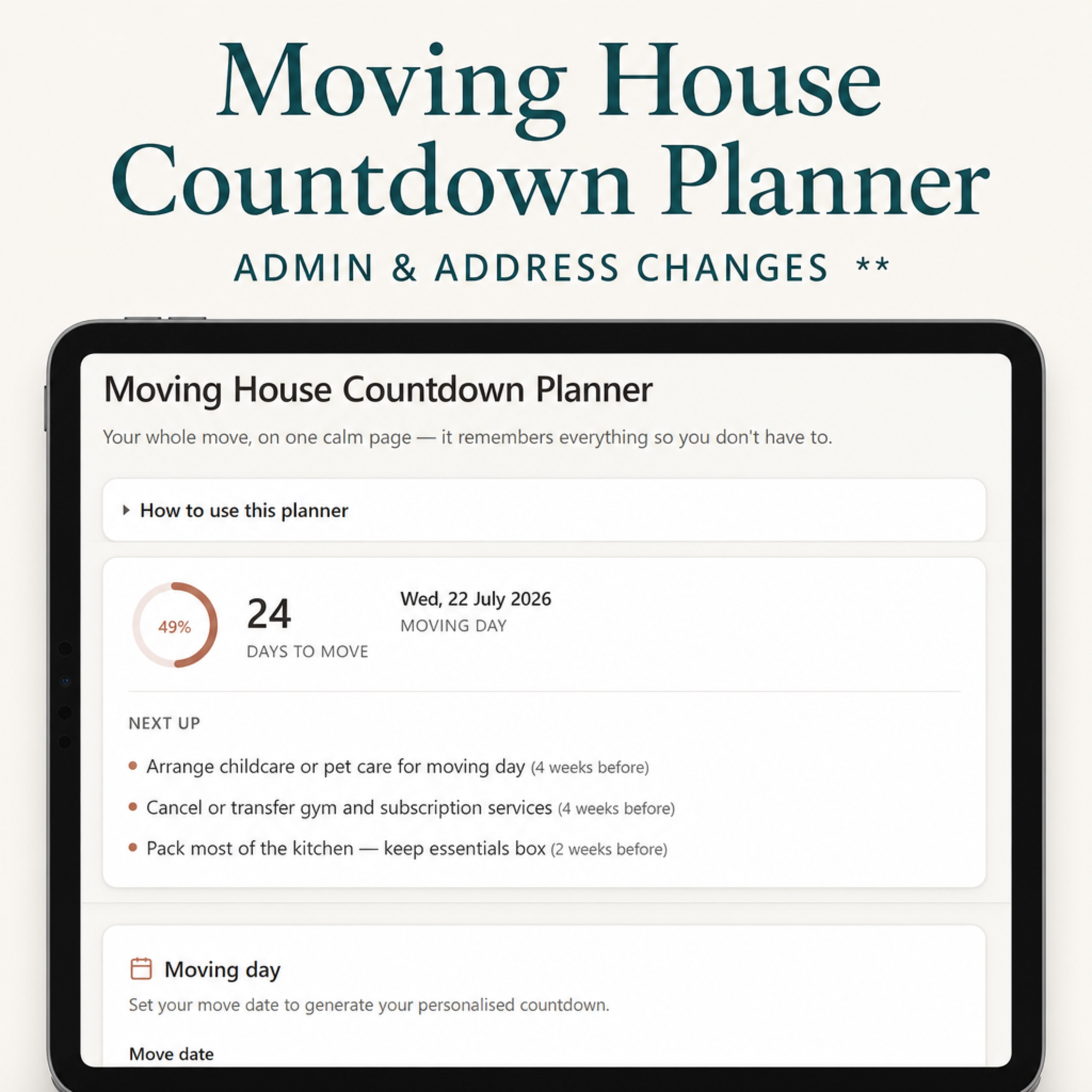 Moving House Countdown Planner | Interactive Digital Moving Checklist & Budget