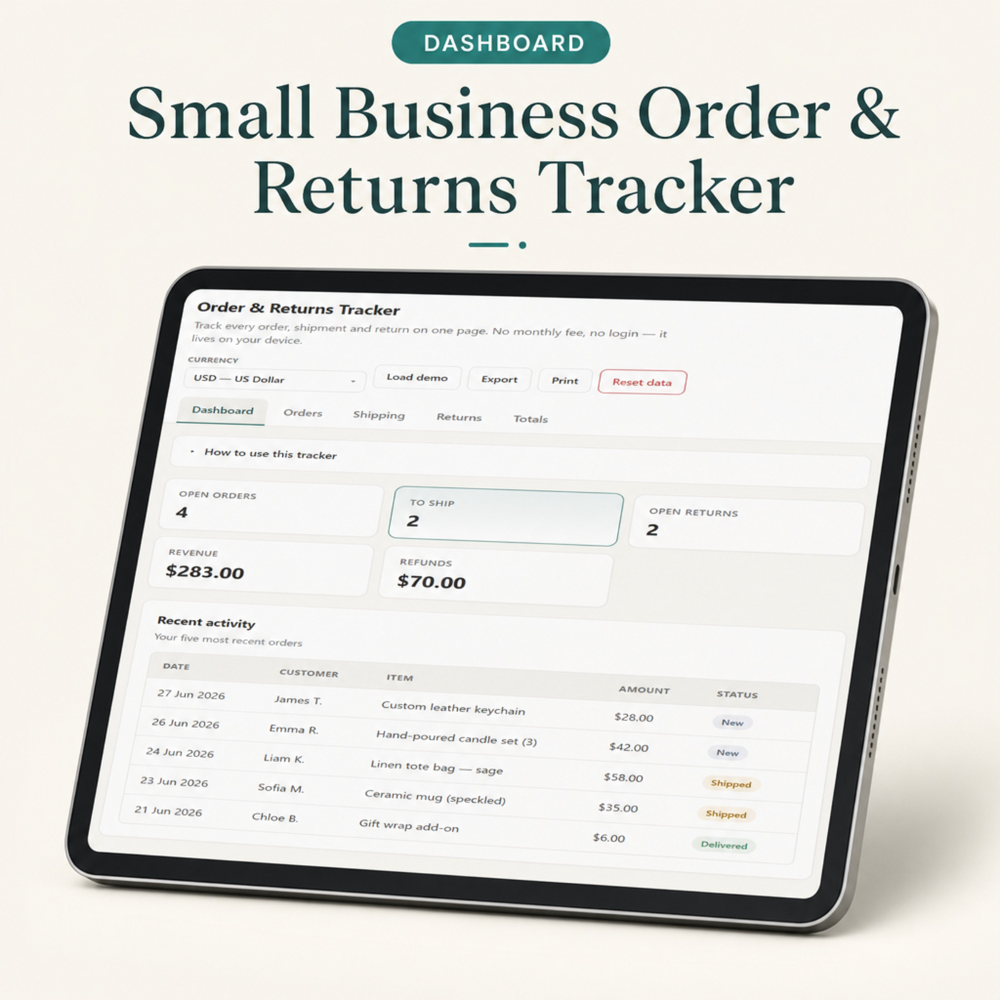 Small Business Order & Returns Tracker | Digital Order, Shipping & Returns Dashboard for Sellers