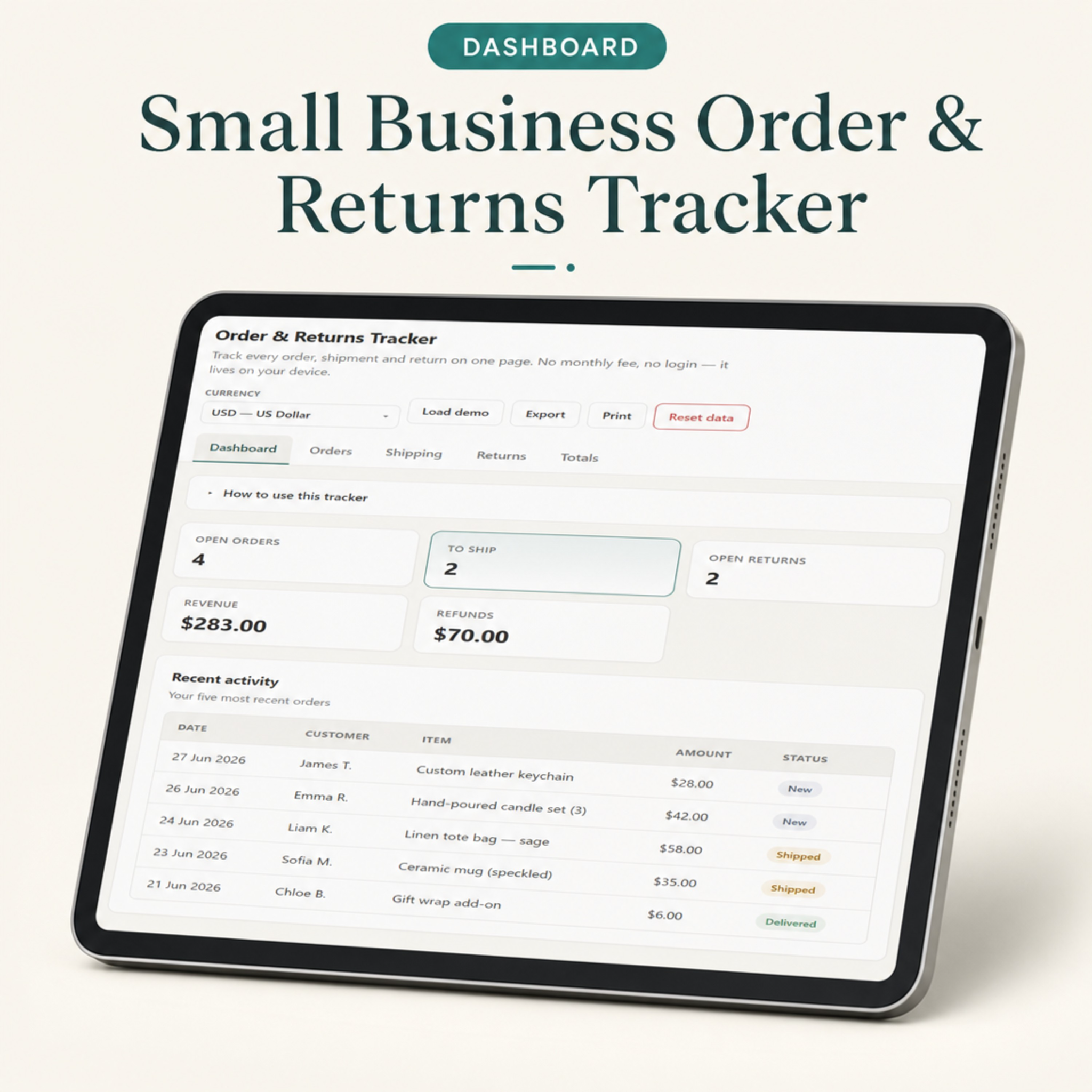 Small Business Order & Returns Tracker | Digital Order, Shipping & Returns Dashboard for Sellers