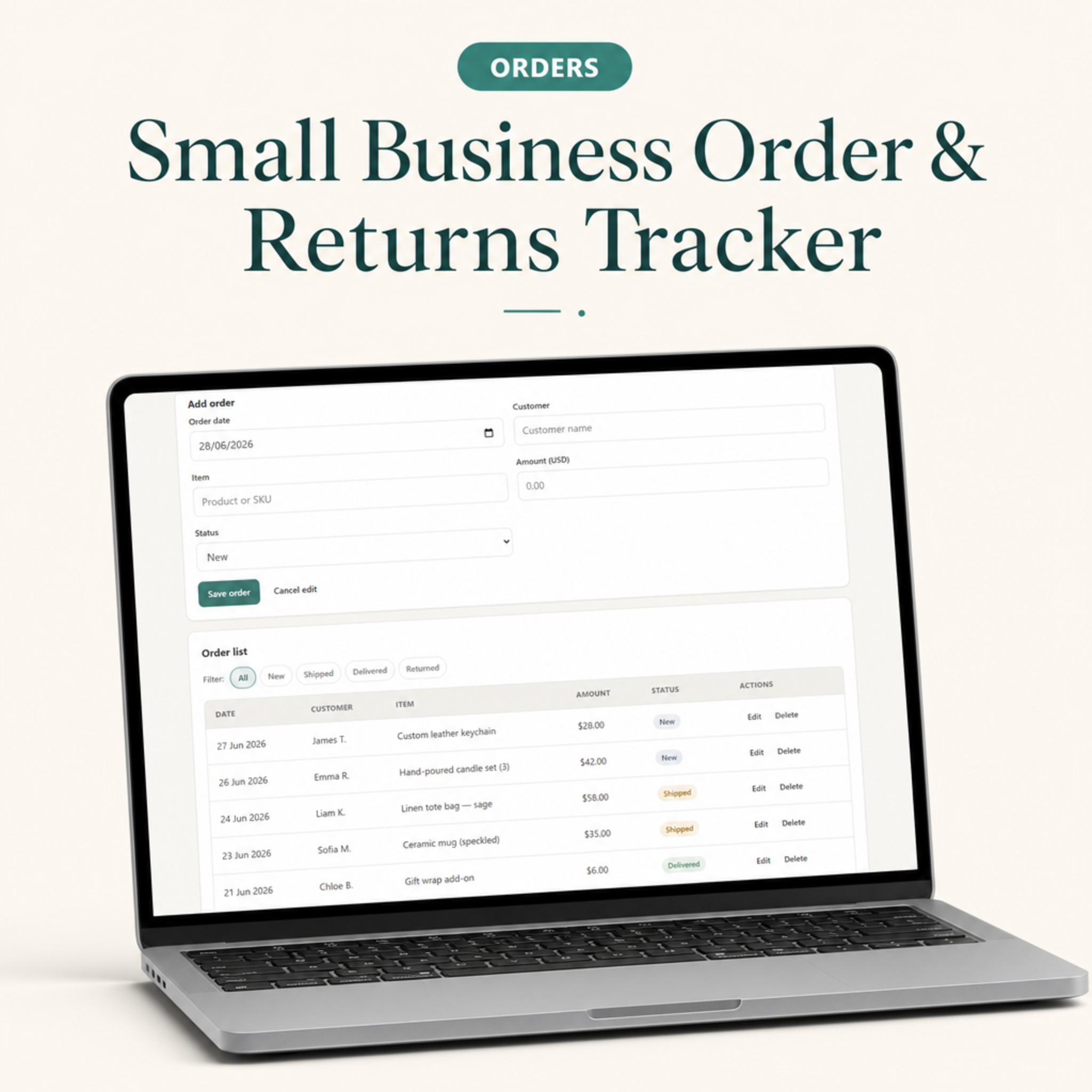Small Business Order & Returns Tracker | Digital Order, Shipping & Returns Dashboard for Sellers