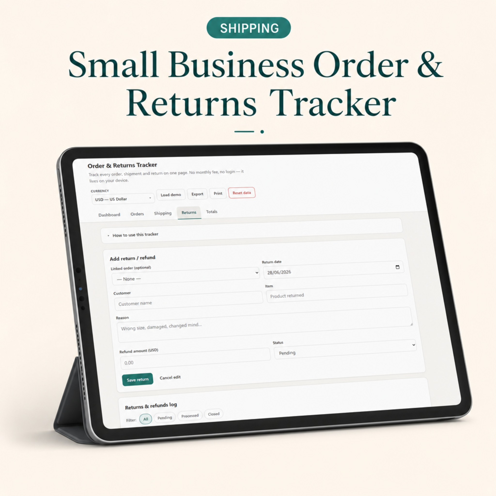 Small Business Order & Returns Tracker | Digital Order, Shipping & Returns Dashboard for Sellers