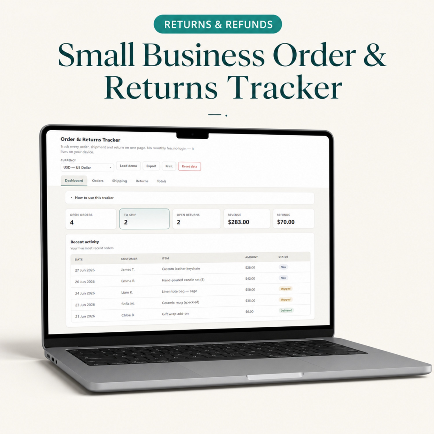 Small Business Order & Returns Tracker | Digital Order, Shipping & Returns Dashboard for Sellers