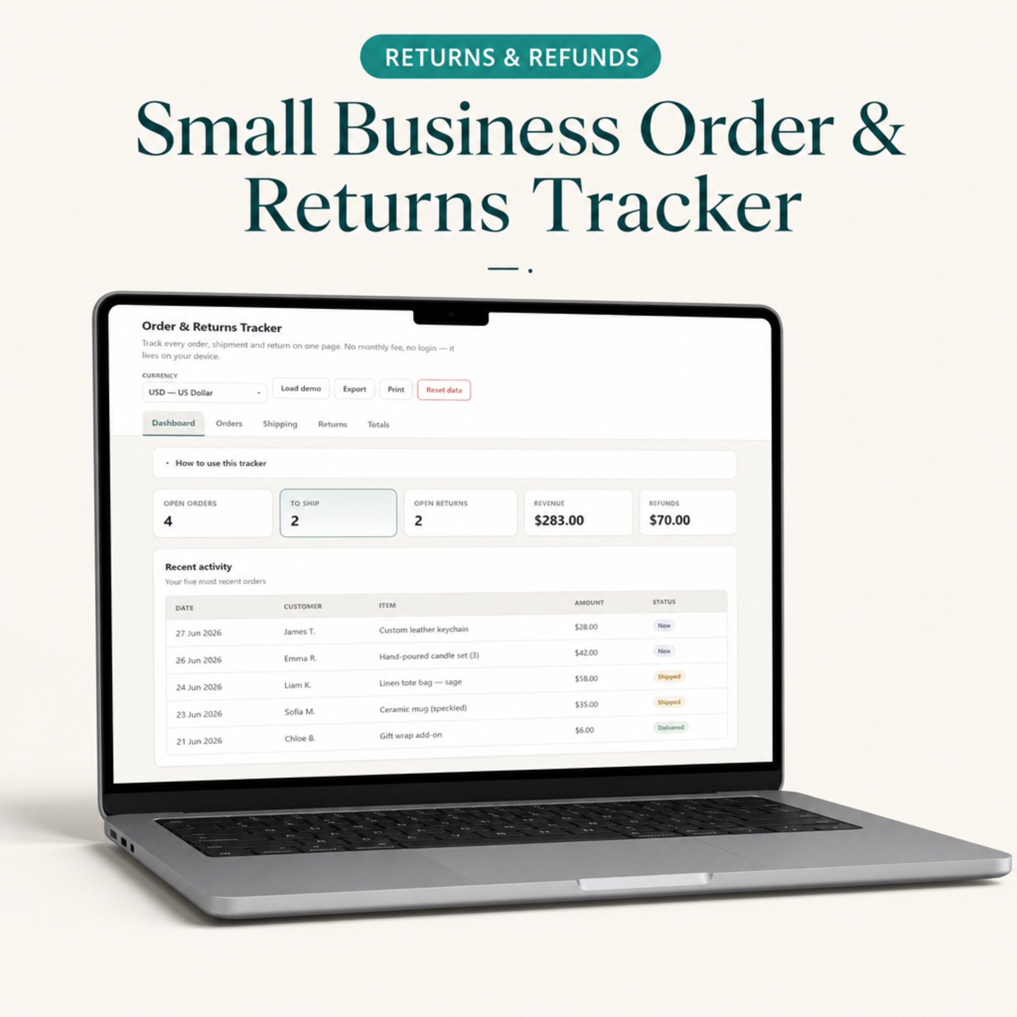 Small Business Order & Returns Tracker | Digital Order, Shipping & Returns Dashboard for Sellers