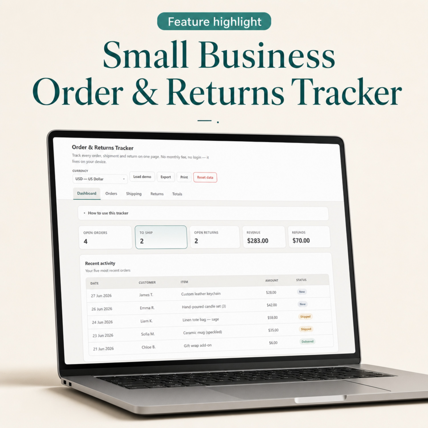 Small Business Order & Returns Tracker | Digital Order, Shipping & Returns Dashboard for Sellers