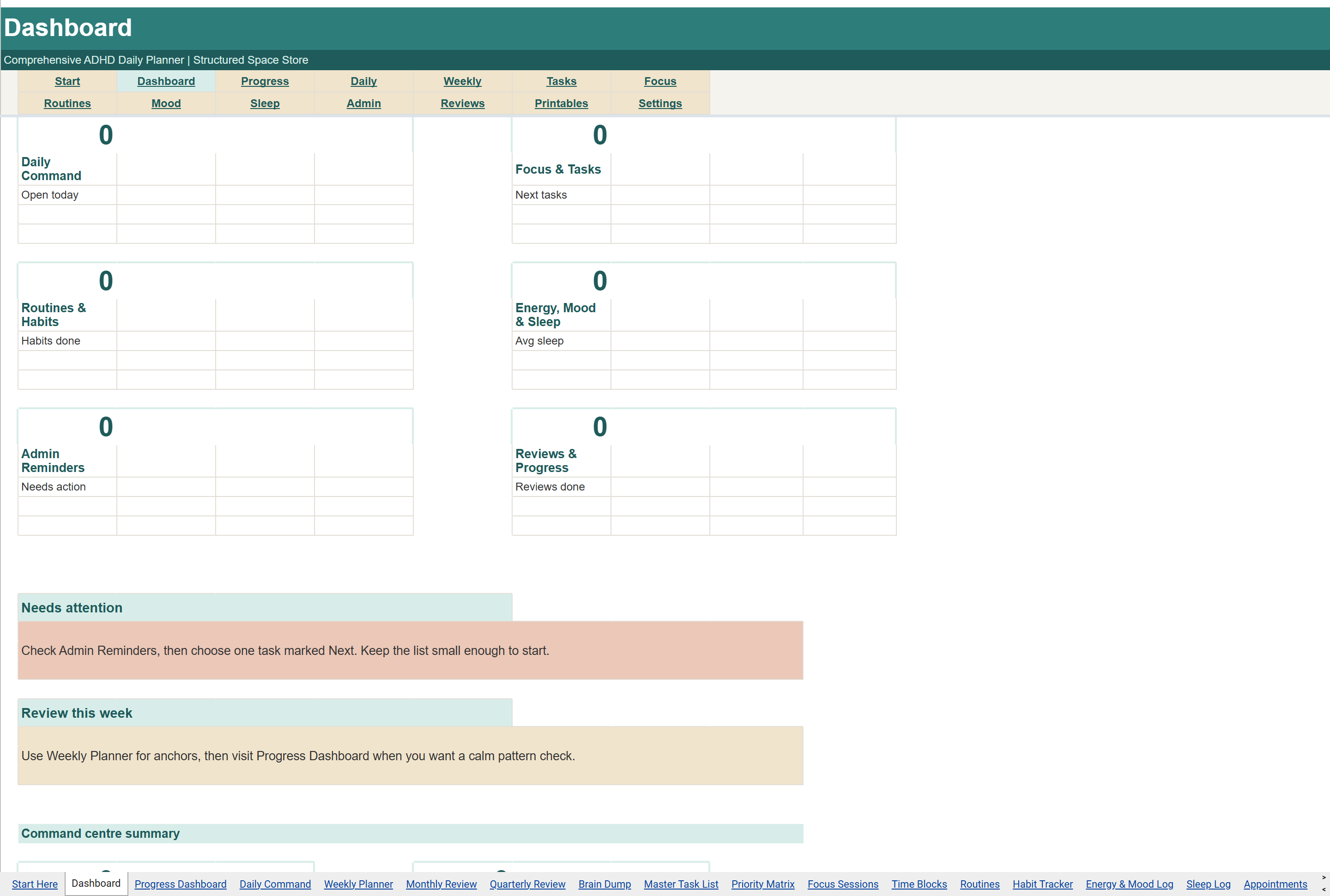 ADHD Life Planner Google Sheets Complete edition dashboard