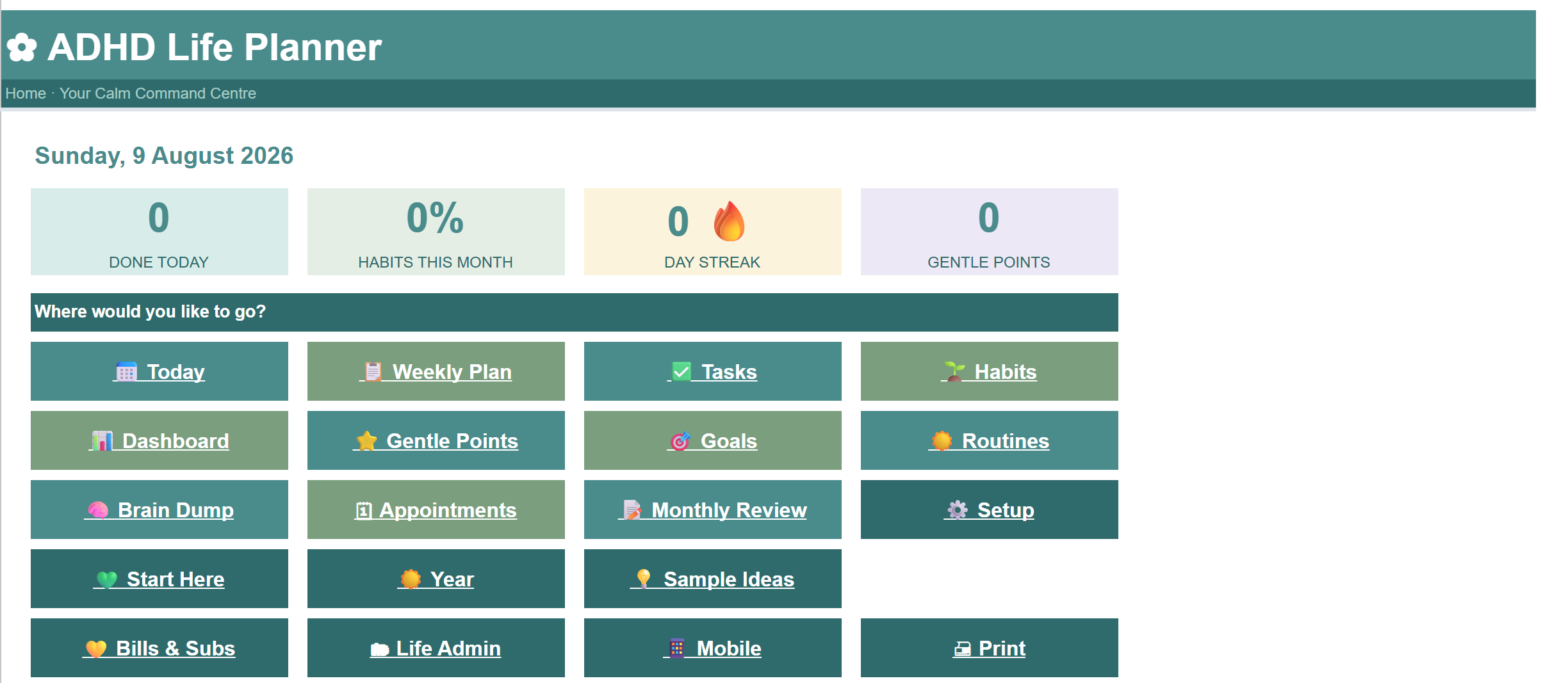 ADHD Life Planner Google Sheets Essentials home tab
