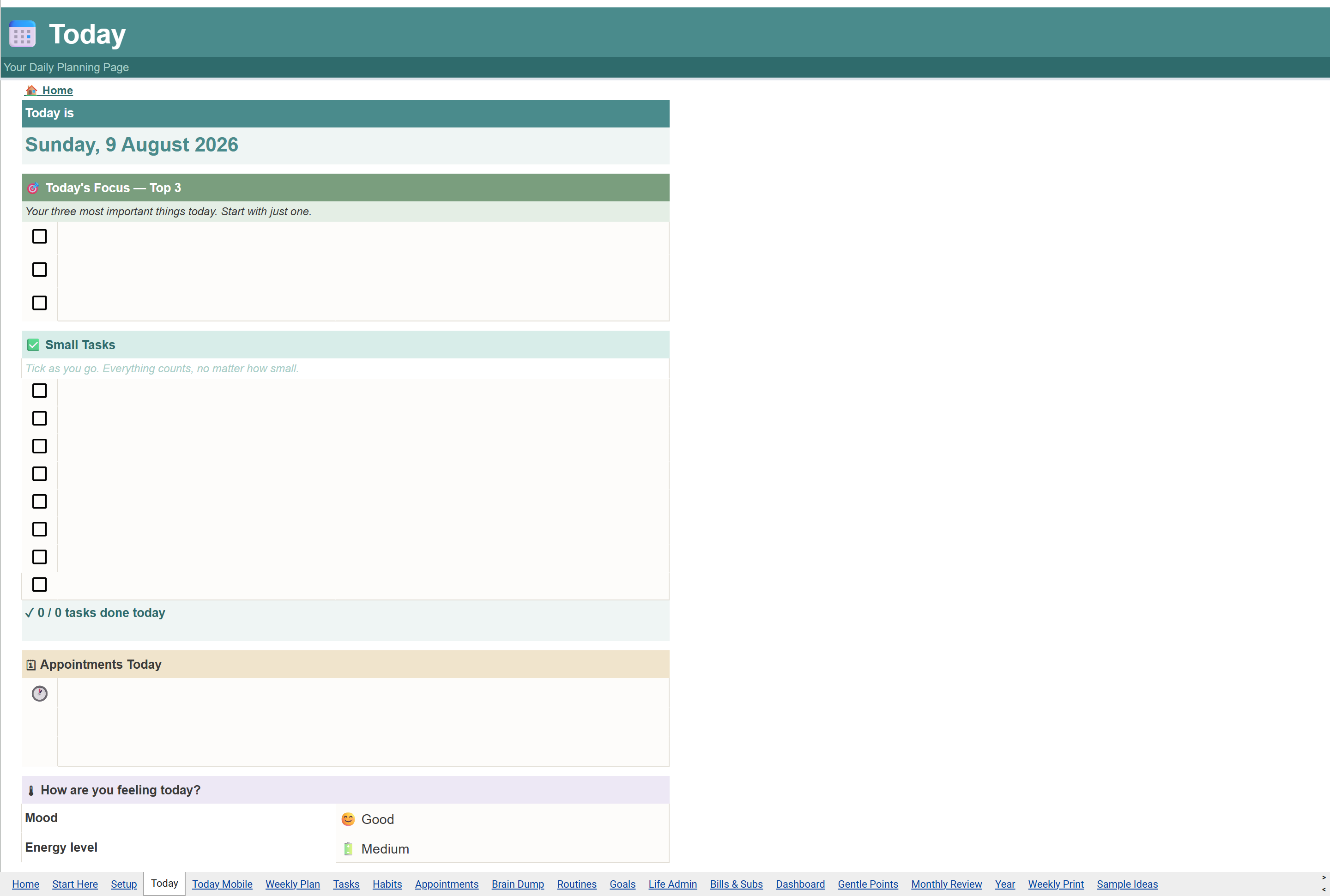 ADHD Life Planner Google Sheets Essentials today planning page