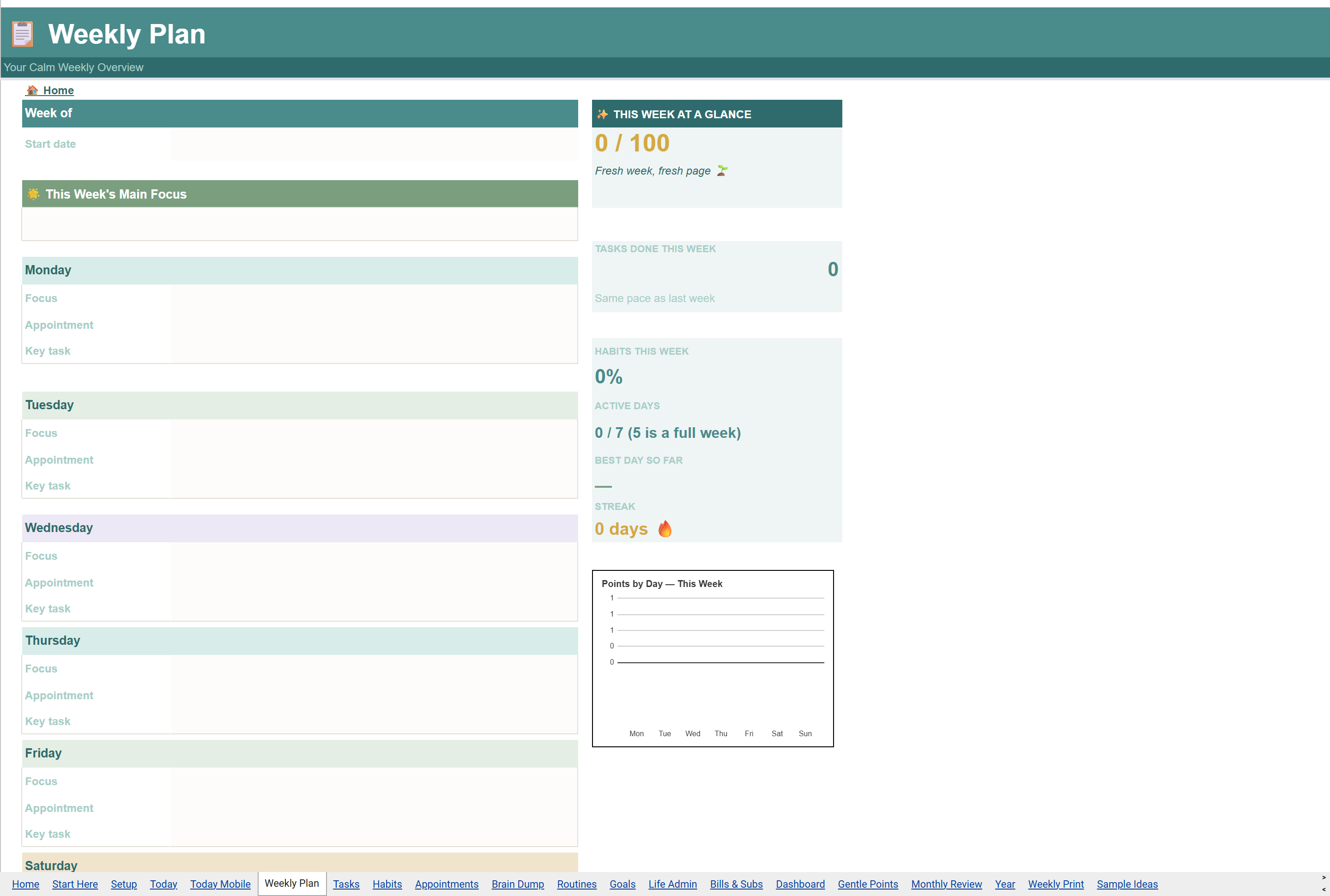 ADHD Life Planner Google Sheets weekly planning tab