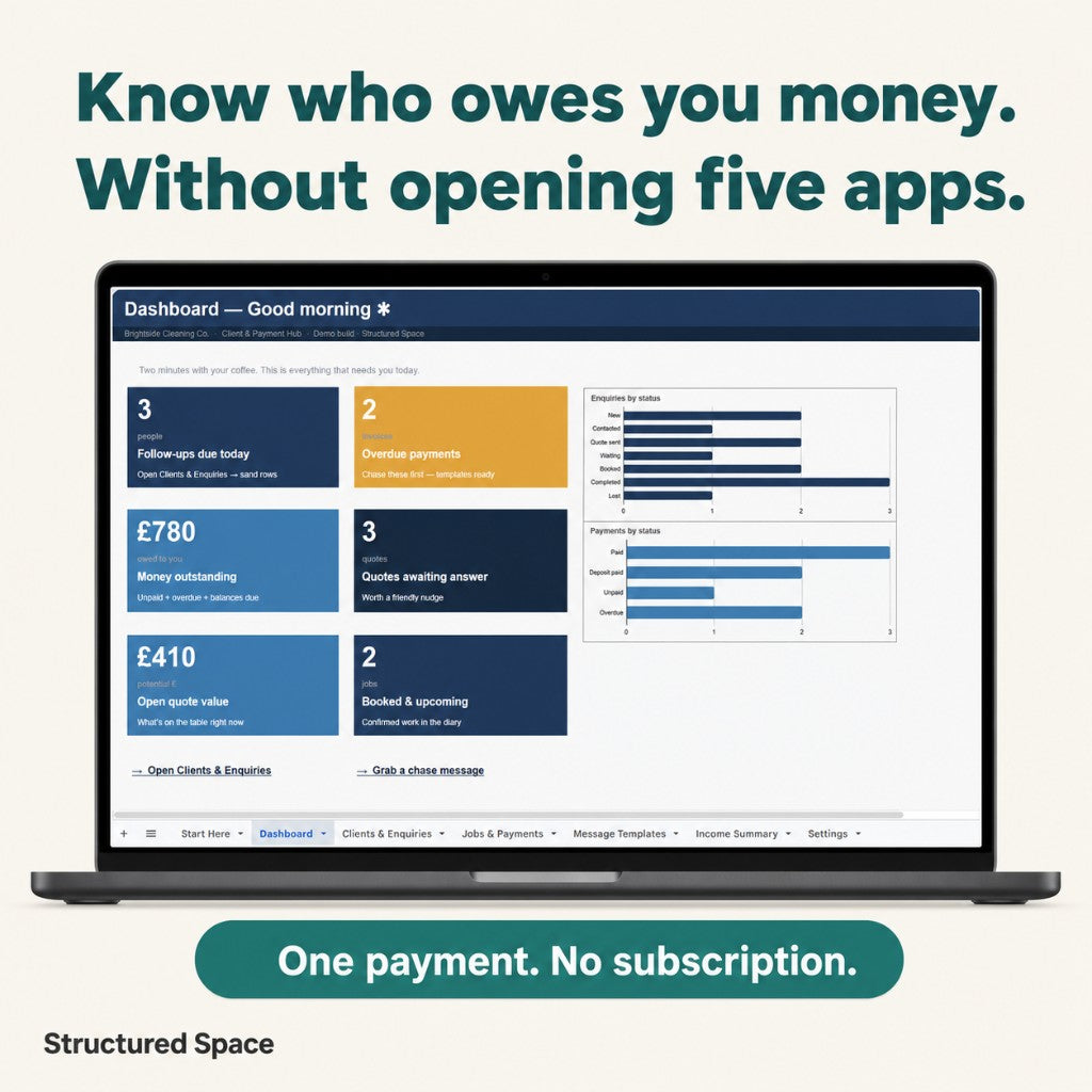 Know who owes you money — cleaning business client and payment dashboard from Structured Space