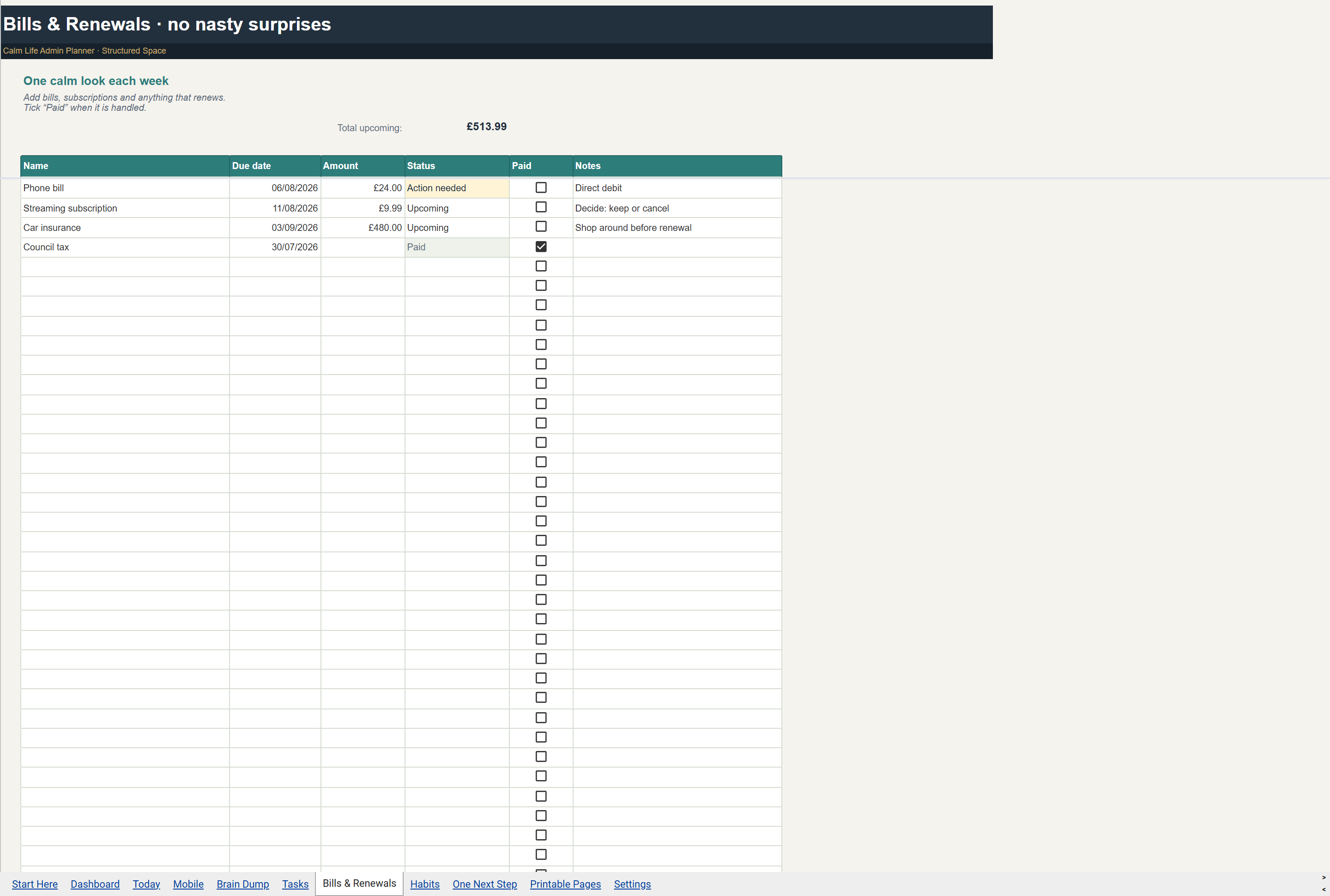 Calm Life Admin Planner Google Sheets bills and renewals tab in light mode