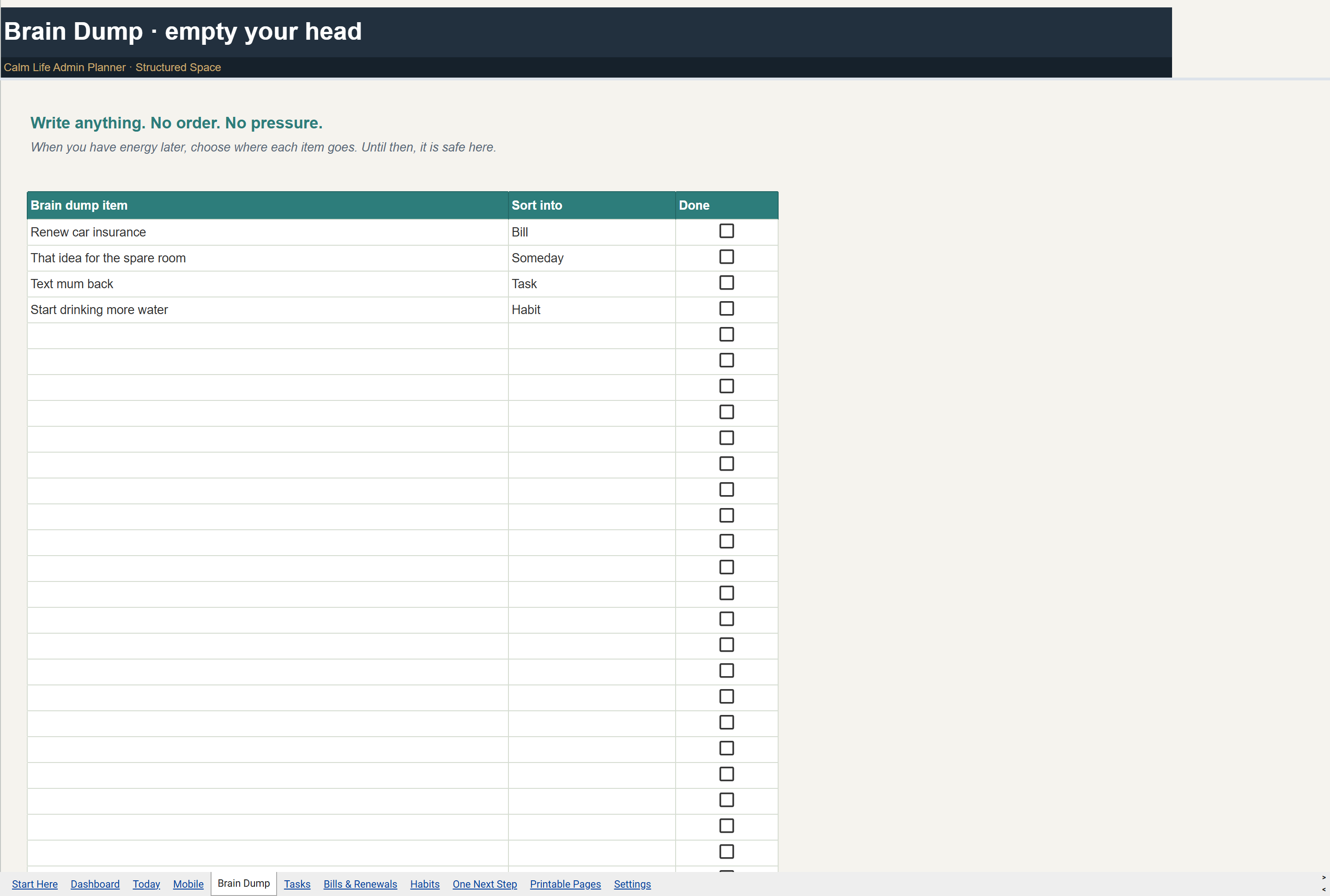 Calm Life Admin Planner Google Sheets brain dump tab in light mode