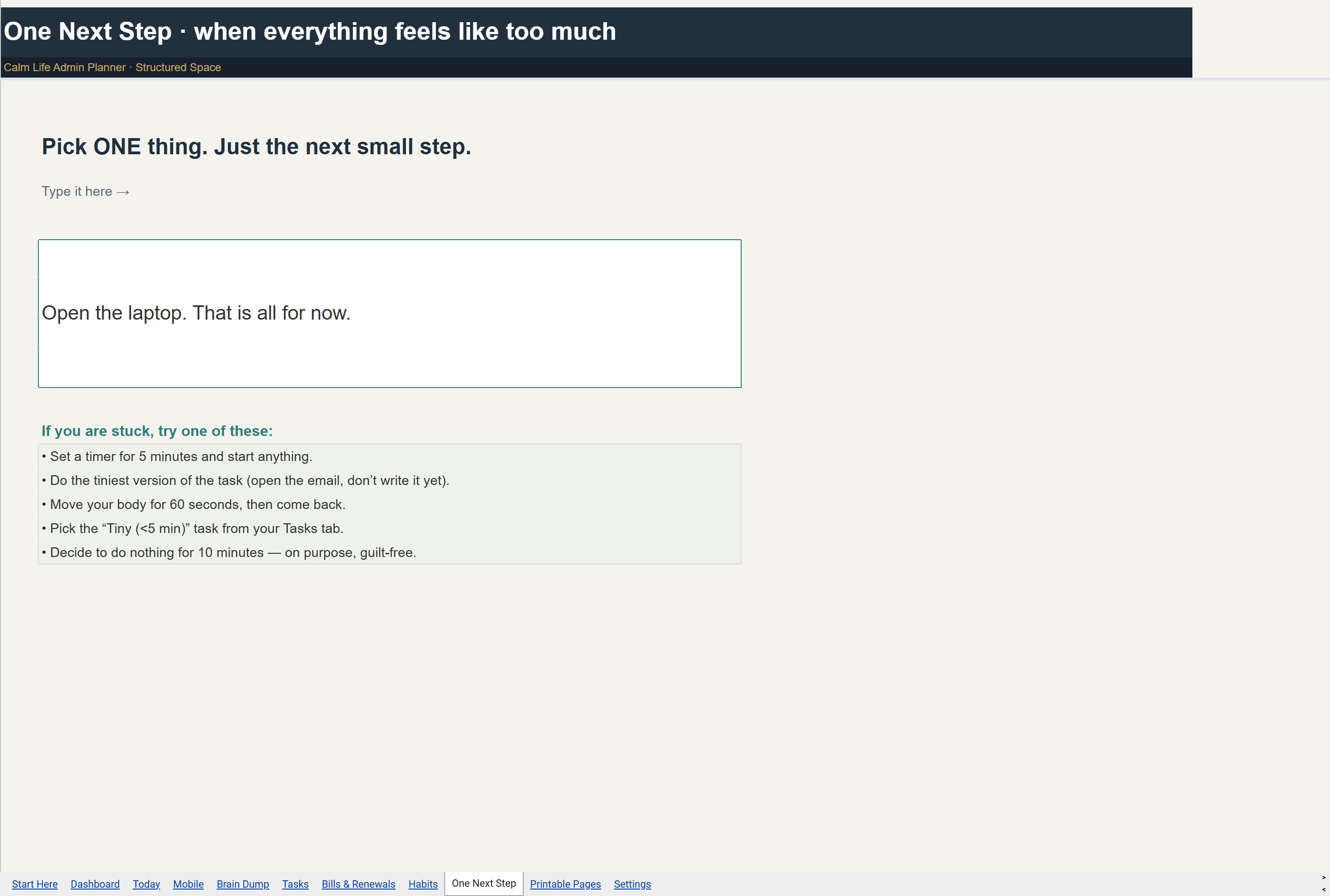 Calm Life Admin Planner Google Sheets one next step tab in light mode