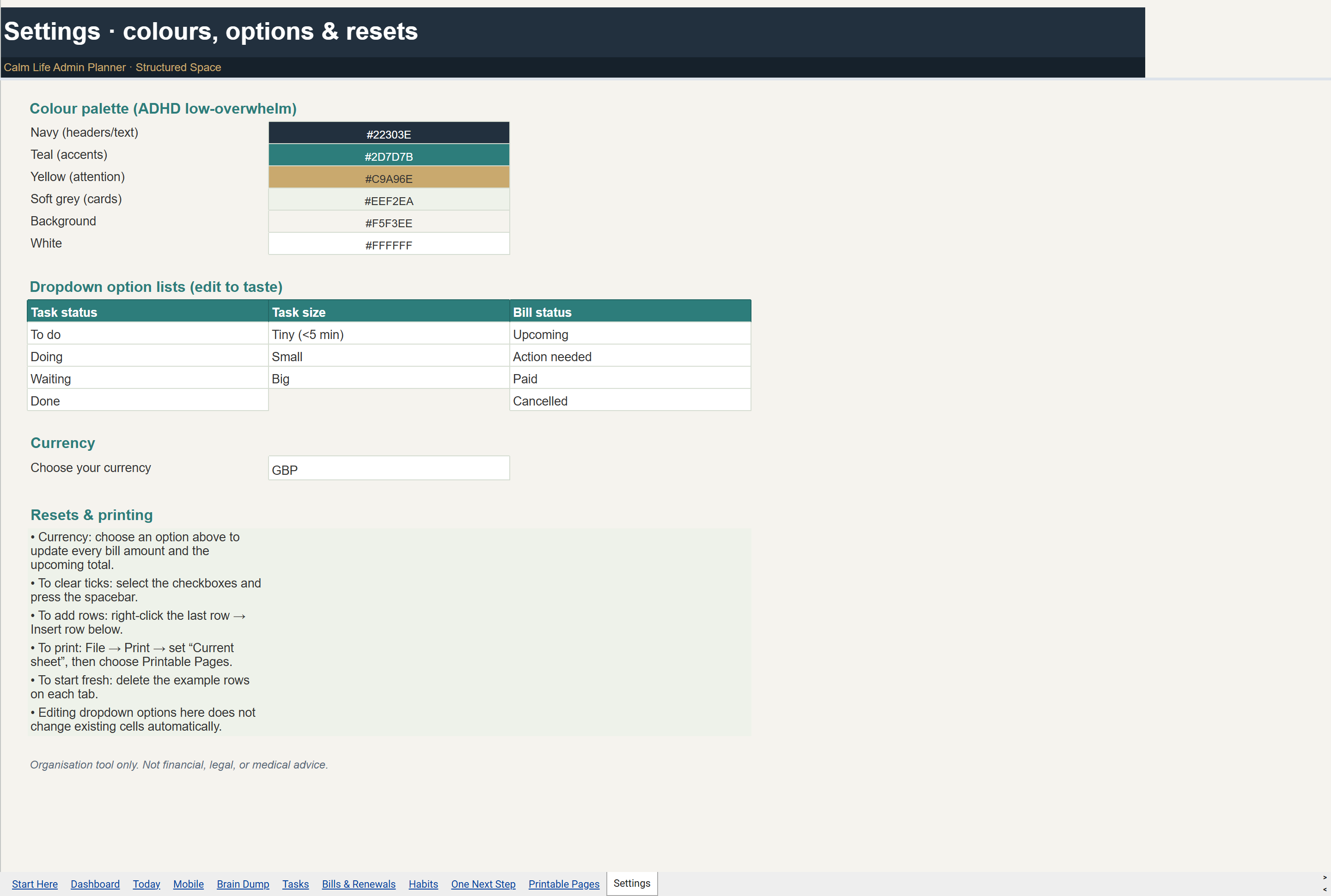 Calm Life Admin Planner Google Sheets settings tab in light mode