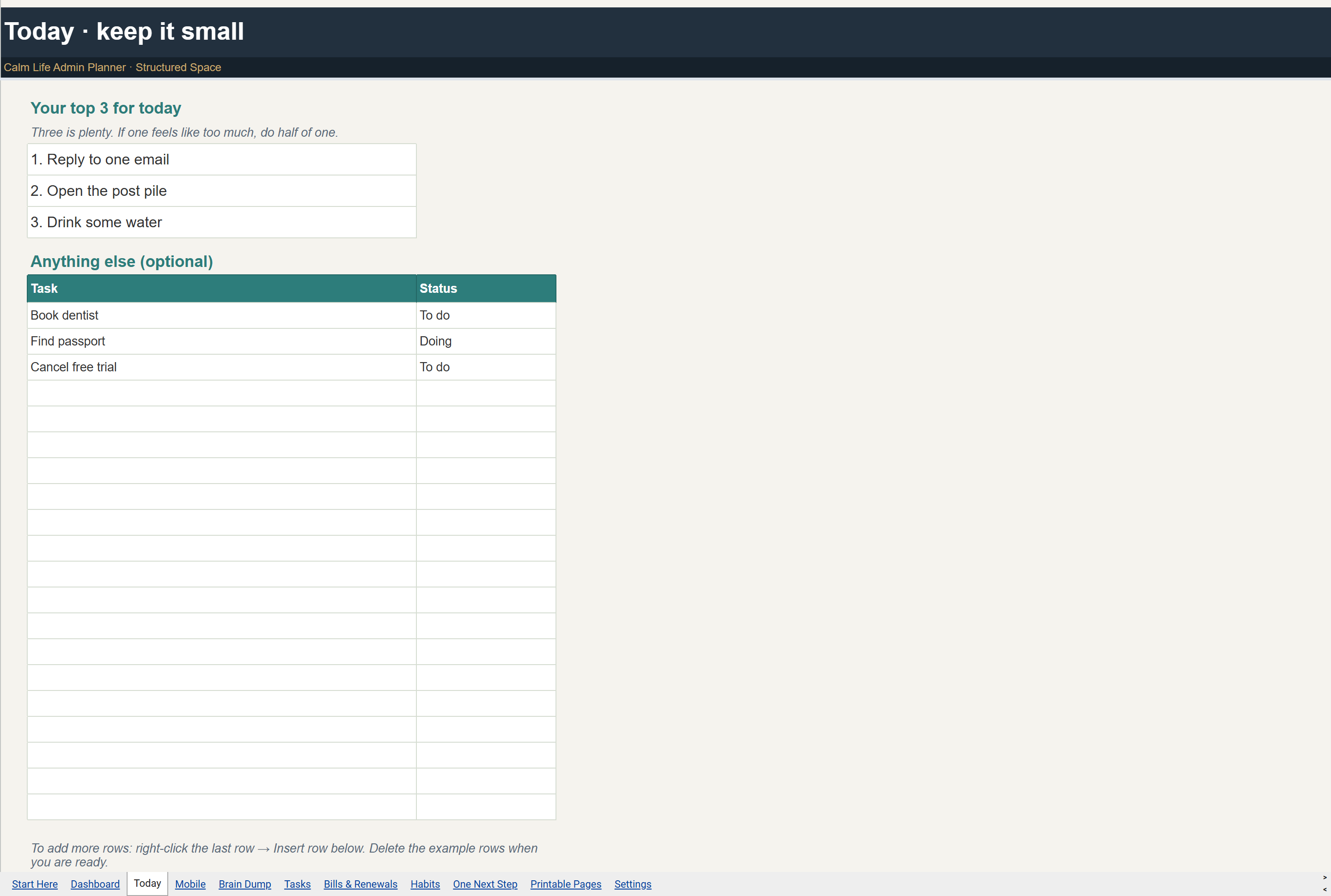 Calm Life Admin Planner Google Sheets today planning tab in light mode