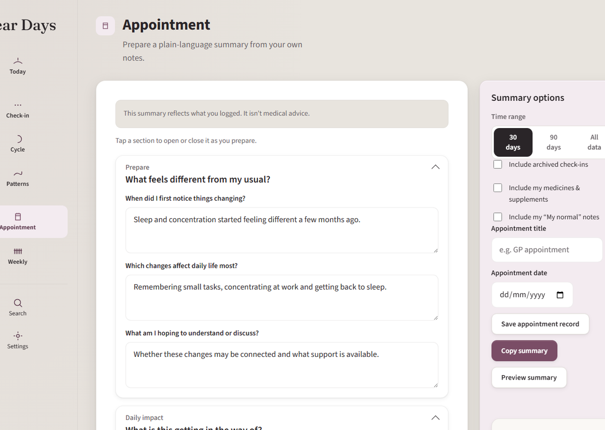 Clear Days Appointment section with clinician summary and questions to ask