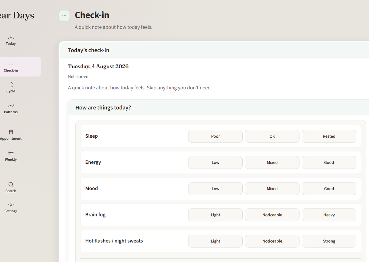 Clear Days Check-in and Patterns views with optional trackers