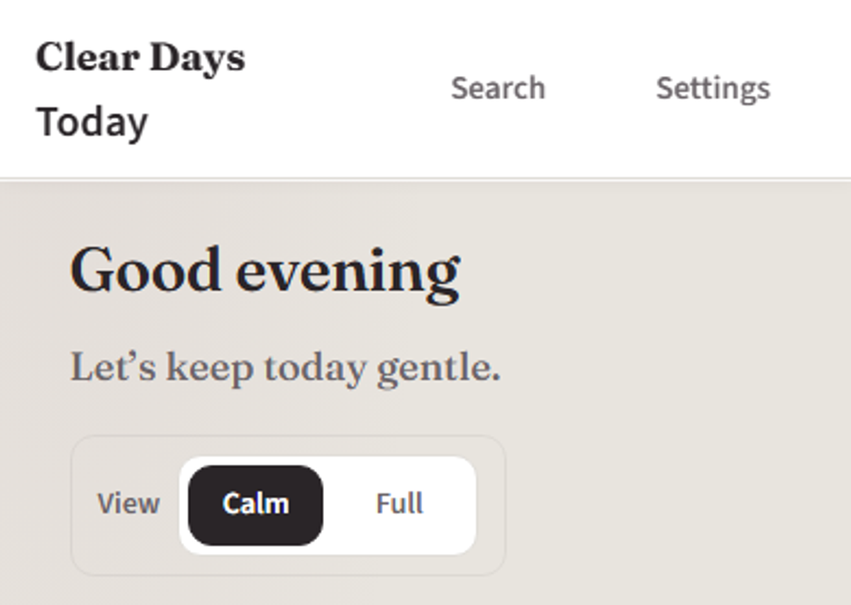 Clear Days Planner on a phone screen in the browser